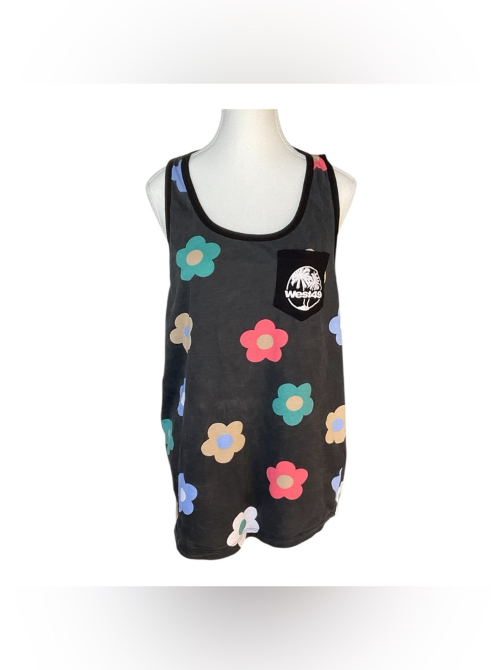 West49 Floral Tank Top Black Multicolor Retro Flower Print L